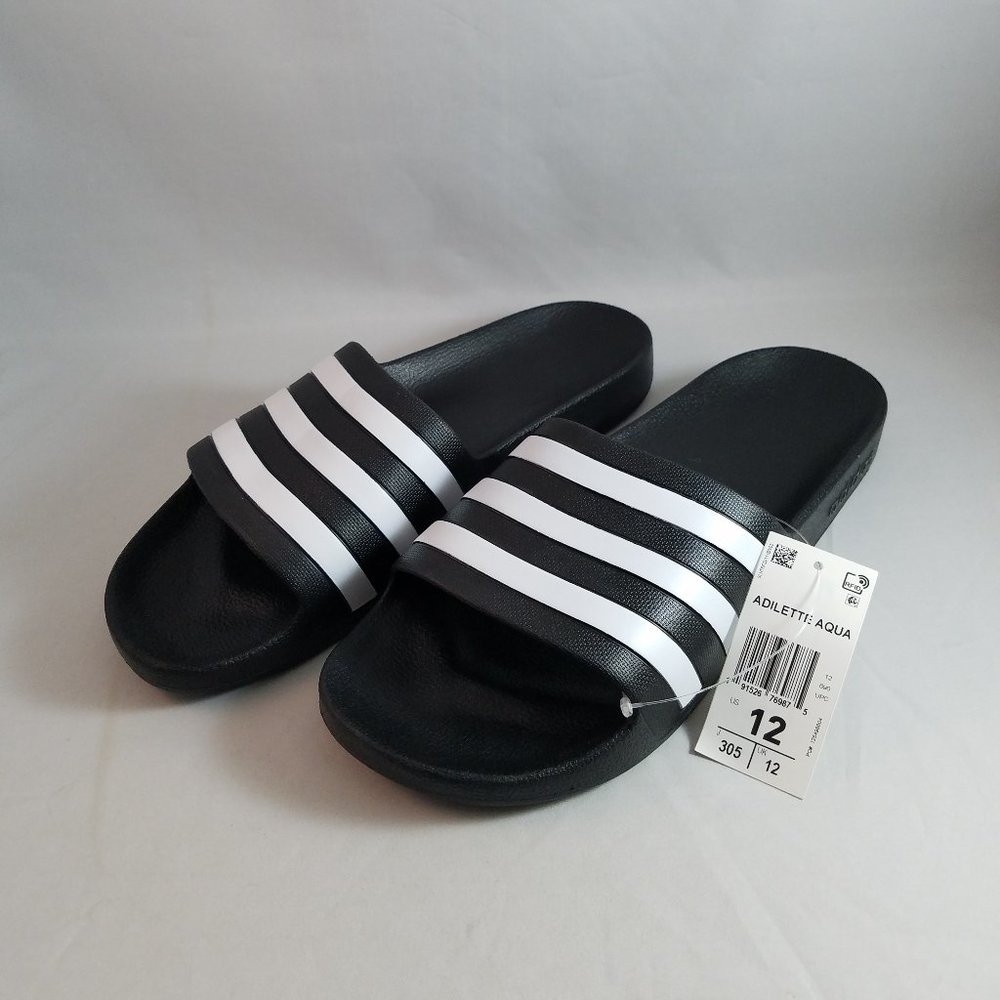 NEW Mens Sz 12 Adilette Aqua Slides - Black / White
